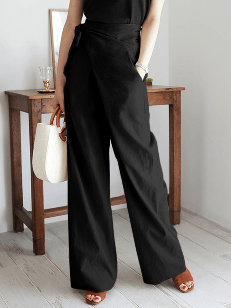 Women's Asymmetrical Bandage Design Wide Leg Pants - Solid Color, Breathable Fabric - MRSLM