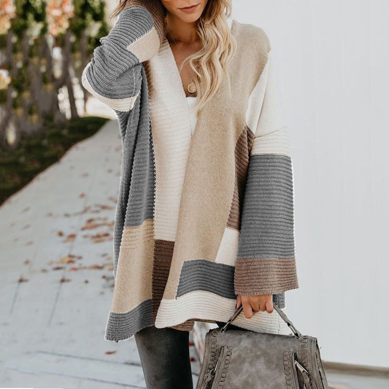 Women's Colorblock Mid-Length Long Sleeve Cardigan