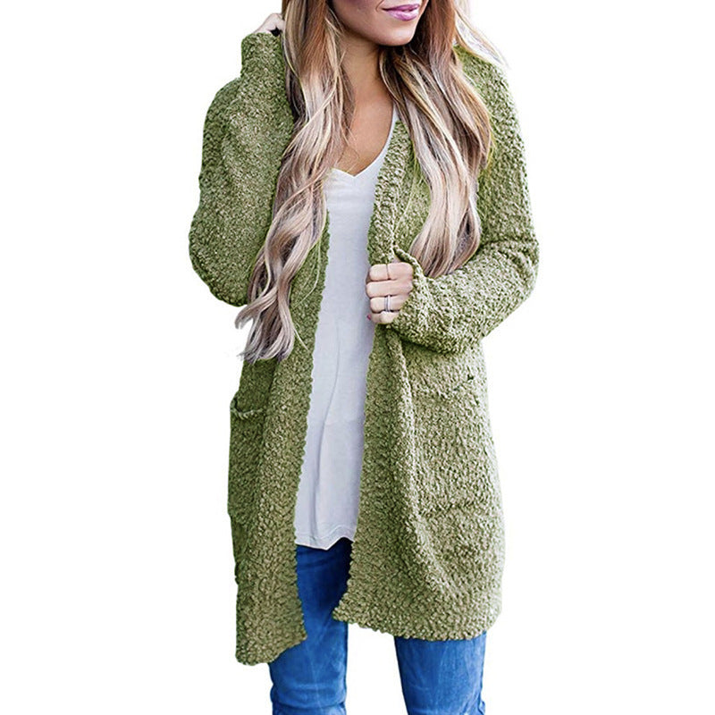 Women’s Solid Color Fleece Mid-Length Cardigan