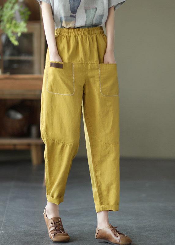 Loose Yellow Loose Casual Summer Pockets Pants - SooLinen