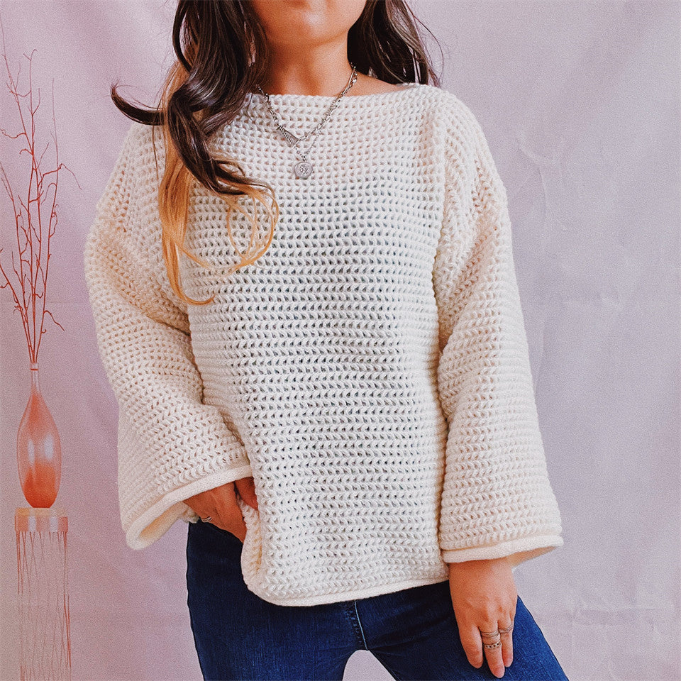 Color-Casual Loose Solid Color off Neck Knitted Long Sleeved Pullover Bottoming Thick Needle Sweater for Women-Fancey Boutique