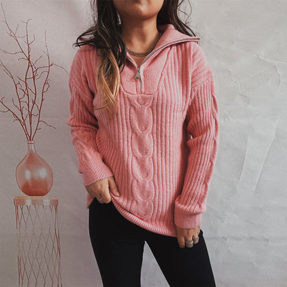 Color-Pink-Autumn Winter Twist Vertical Stripes Zipper Collared Solid Color Long Sleeve Knitted Pullover Sweater-Fancey Boutique