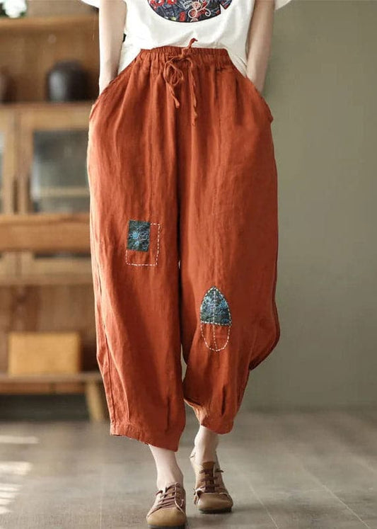 Orange Pockets Tie Waist Linen Harem Pants Summer GK-LPTS220422