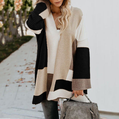 Women's Colorblock Mid-Length Long Sleeve Cardigan