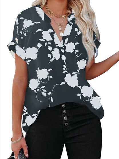 Women's New Floral Print Casual V-Neck Short Sleeve Shirt Black clothes shirt shirts short sleeve short sleeve shirt top tops