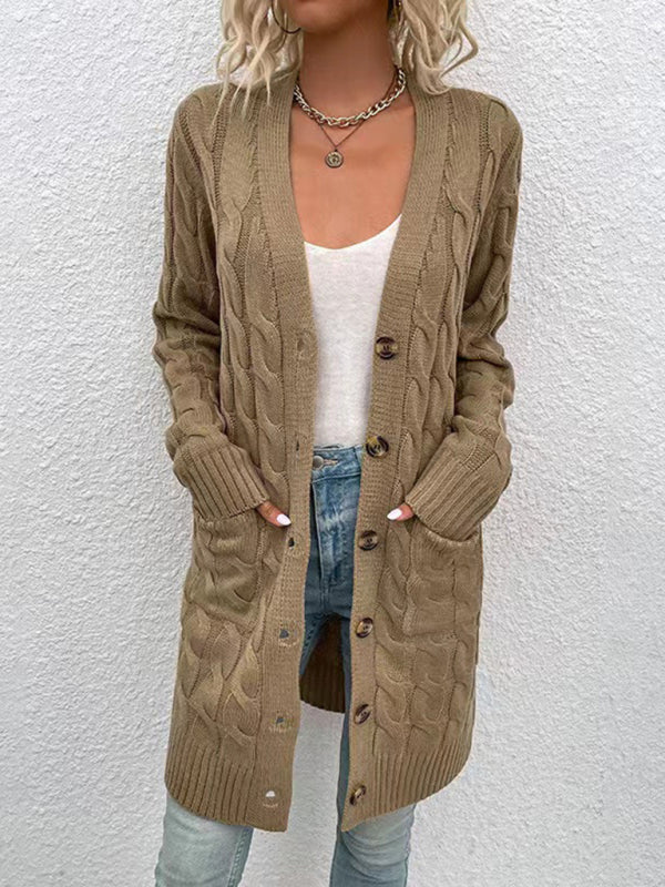 Women’s V-Neck Button-Up Long Cardigan with Pockets