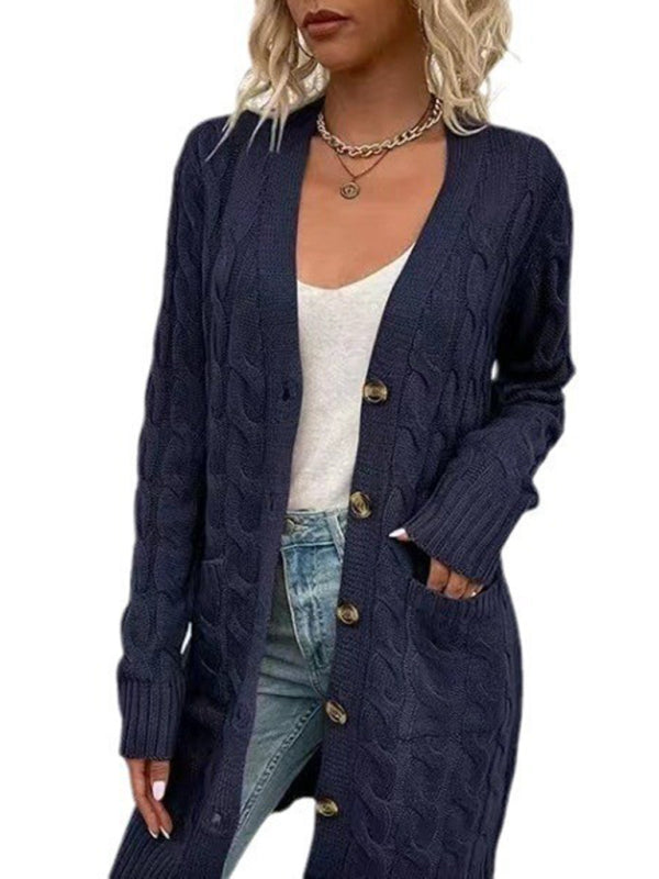 Women’s V-Neck Button-Up Long Cardigan with Pockets