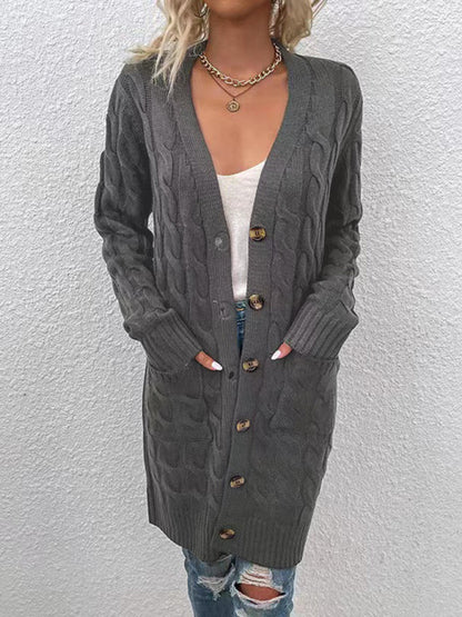 Women’s V-Neck Button-Up Long Cardigan with Pockets