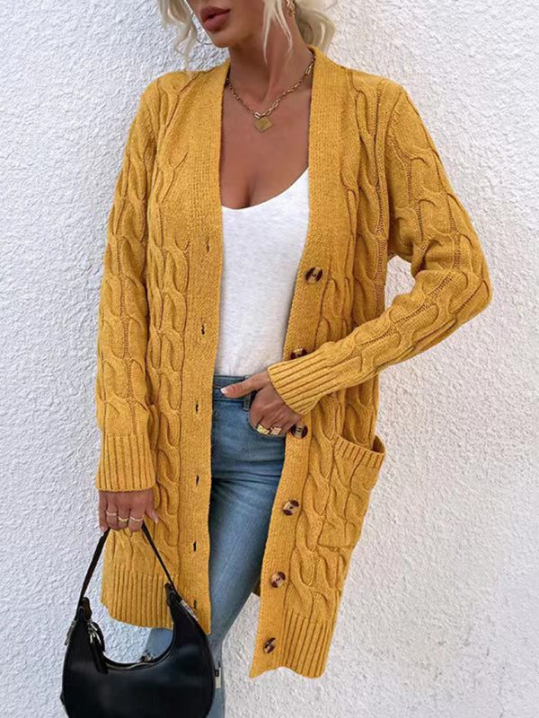 Women’s V-Neck Button-Up Long Cardigan with Pockets