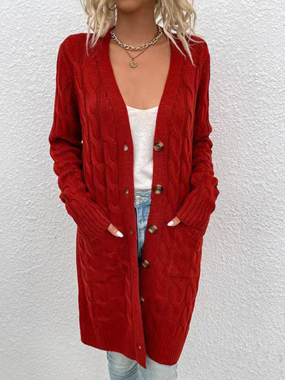 Women’s V-Neck Button-Up Long Cardigan with Pockets