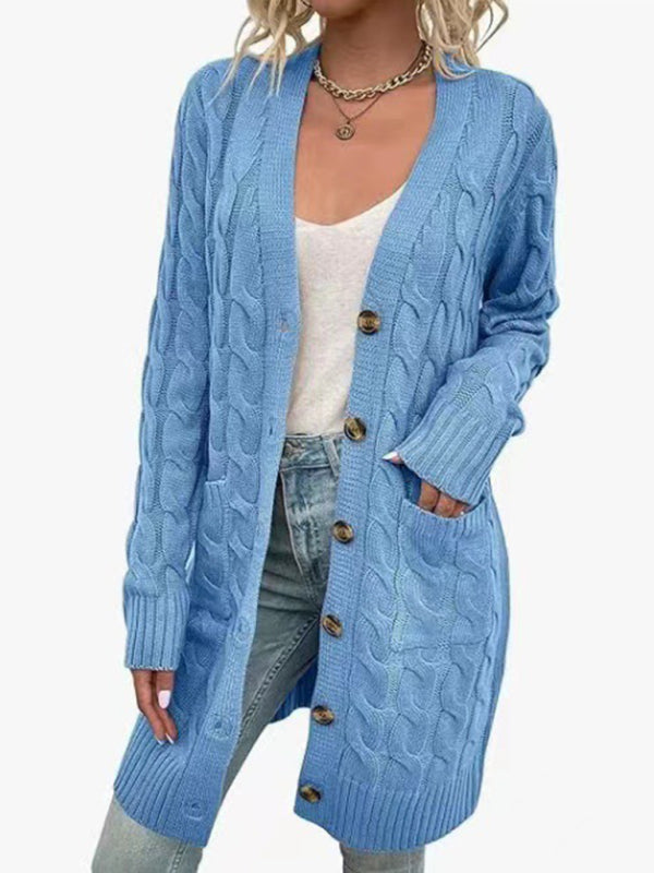 Women’s V-Neck Button-Up Long Cardigan with Pockets