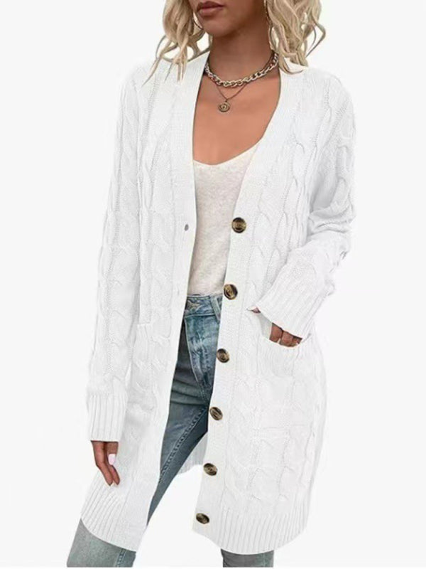 Women’s V-Neck Button-Up Long Cardigan with Pockets