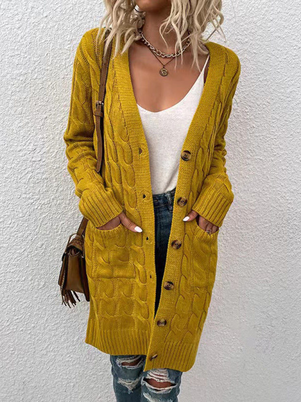 Women’s V-Neck Button-Up Long Cardigan with Pockets