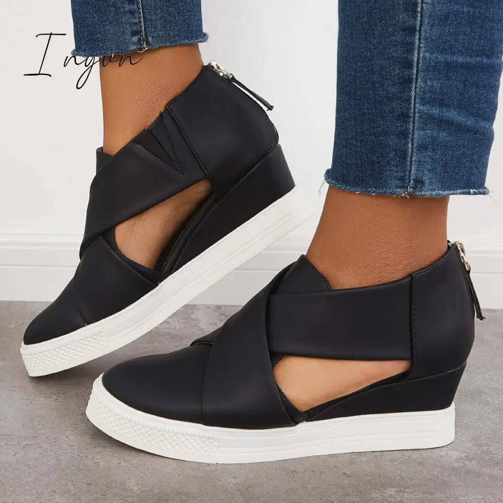 Ingvn - Casual Wedge Sneakers Platform Crisscross Cut Out Shoes