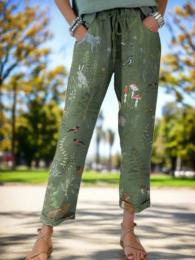 Woodland And Animals Pattern Printed Women’s Cotton Linen Casual Pants