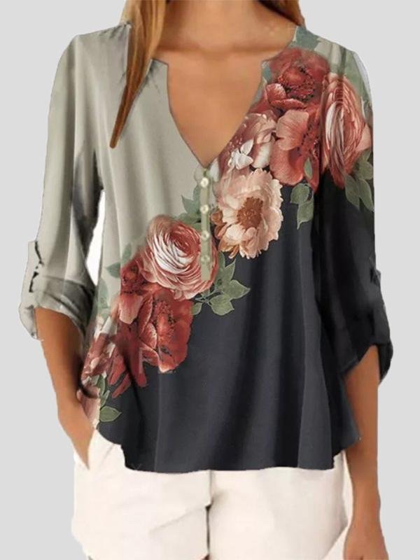 Long Sleeve V-neck Floral Print Chiffon Shirt - Blouses - INS | Online Fashion Free Shipping Clothing, Dresses, Tops, Shoes - 11/06/2021 - BLO2106110098 - Blouses