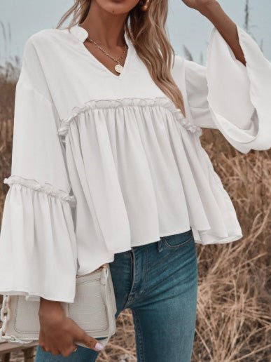 Women's Blouses Solid V-Neck Flared Long Sleeve Chiffon Blouse - Blouses - Instastyled | Online Fashion Free Shipping Clothing, Dresses, Tops, Shoes - 17/03/2022 - 20-30 - BLO2203171635