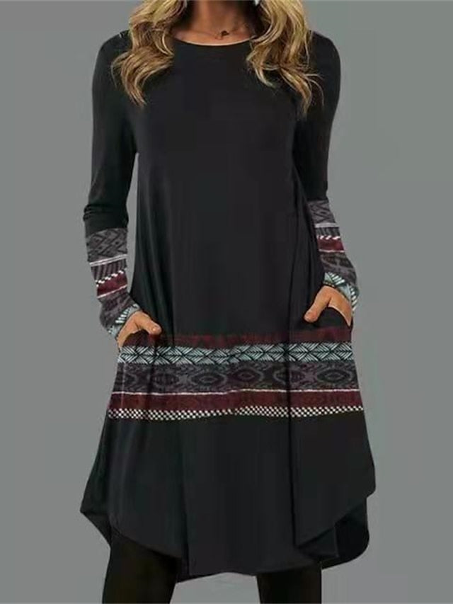 Women's Casual Dress T Shirt Dress Tee Dress Ethnic Dress Mini Dress Black Light Green Pink Long Sleeve Floral Pocket Winter Fall Spring Crew Neck Basic Winter Dress Daily Vacation 2023 S M L XL XXL - LuckyFash™